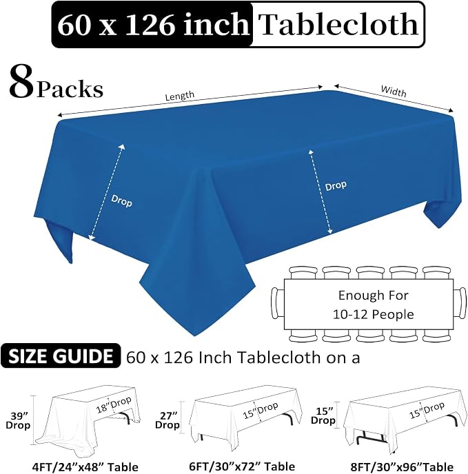 8 Pack Royal Blue Tablecloth 60 x 126 Inch Rectangular Tablecloths for 8 Foot Rectangle Tables, Wrinkle Resistant Blue Table Cloth Washable Polyester Fabric Cover for Party Wedding Banquet