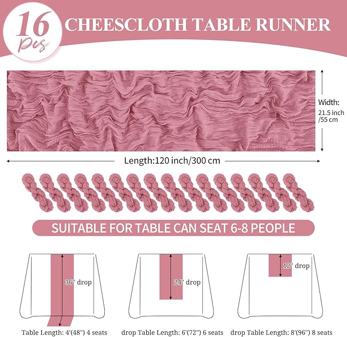 16 Pack 10Ft Cheesecloth Table Runner Dusty Rose, 20 x 120 Inch Rustic Gauze Boho Cheese Cloth Runners Wedding Long Table Runner for Wedding Party Bridal Shower Table Decoration