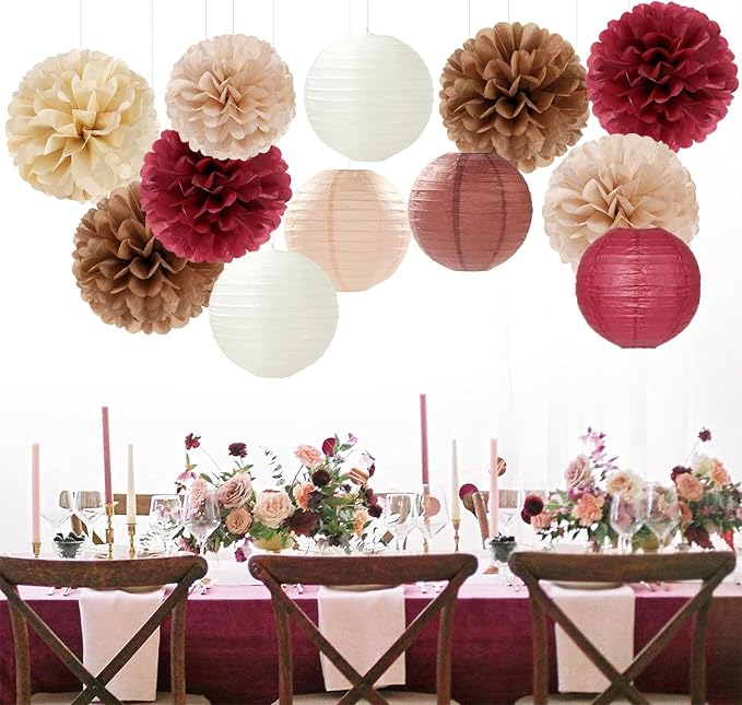Burgundy-Brown Champagne Party-Decorations Paper-Flowers Lanterns - 15PCS Fall Boho Tissue Pom Poms Streamers,Autumn Rustic Baby Shower Neutral Wedding Birthday Decor Hugfond