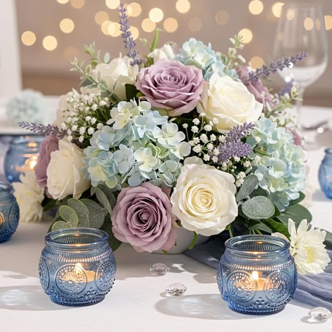 12 Pcs Blue Votive Candle Holders for Bridal Shower Decorations- Floral Style Dusty Blue Candle Holder for Wedding Table Centerpieces, Baby Shower Decor
