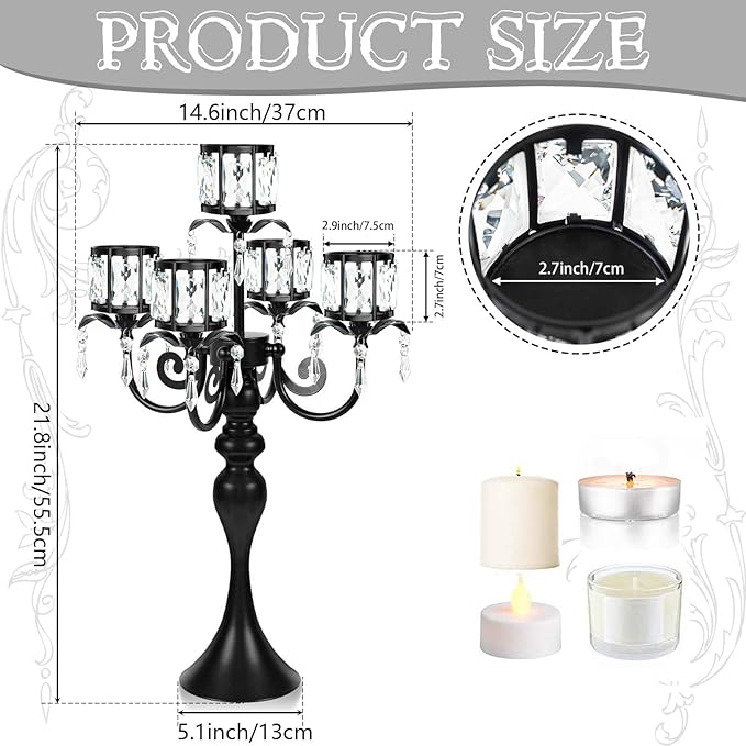 4 Packs Black Candelabra Candle Holders, Elegant Bling Centerpiece with Pendant Crystal Table Decorations 5 Arms Candlesticks for Dining Room,22 Inches Tall