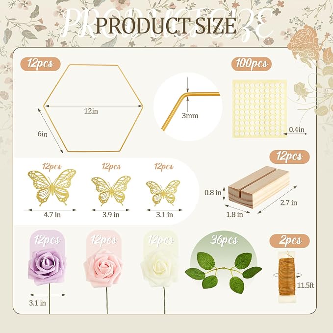 Vercraft 12 Set butterfly Metal Floral Hoop Table Centerpieces Include Metal Ring with Base 3D Butterfly Decoration, PE Foam Flower, Adhesive Dots, Gold Wires for DIY Wedding Baptism Party(Hexagon)