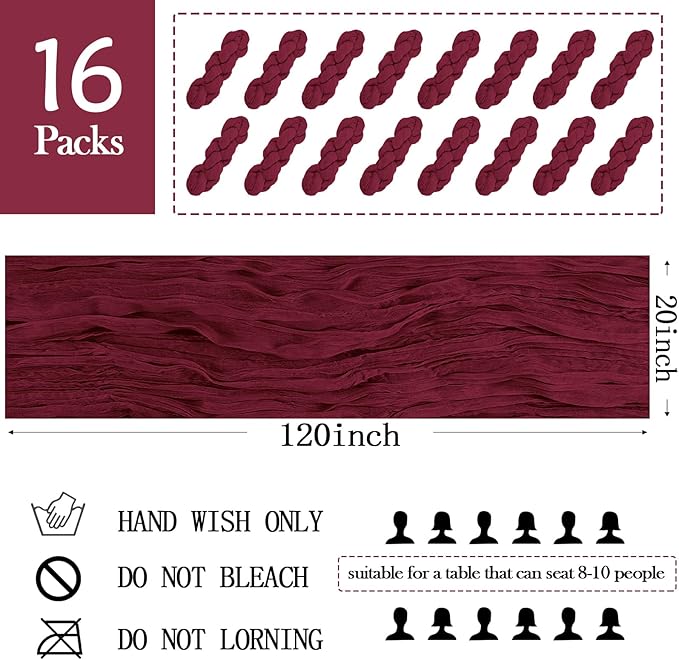 16 Pack Burgundy Cheesecloth Table Runner 20 x 120 inch Gauze Table Runners 10 FT Long,Semi Sheer Boho Cheese Cloth Fabric Table Runner Bulk for Party,Wedding,Baby Shower,Bridal Shower Decoration