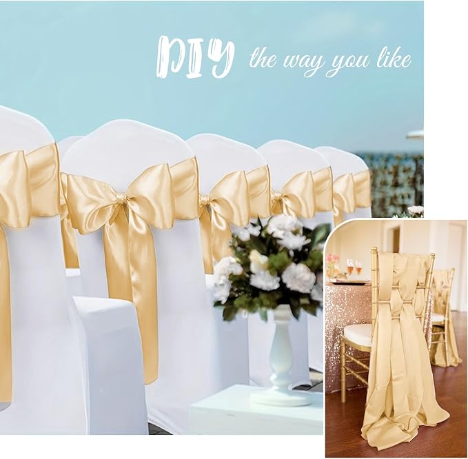 Pesonlook 120 PCS Champagne Satin Chair Sashes Bows Satin Chair Sashes Universal Chair Cover for Wedding Reception Restaurant Event Decoration Banquet,Party,Hotel Event Decorations (7 x 108 inch)