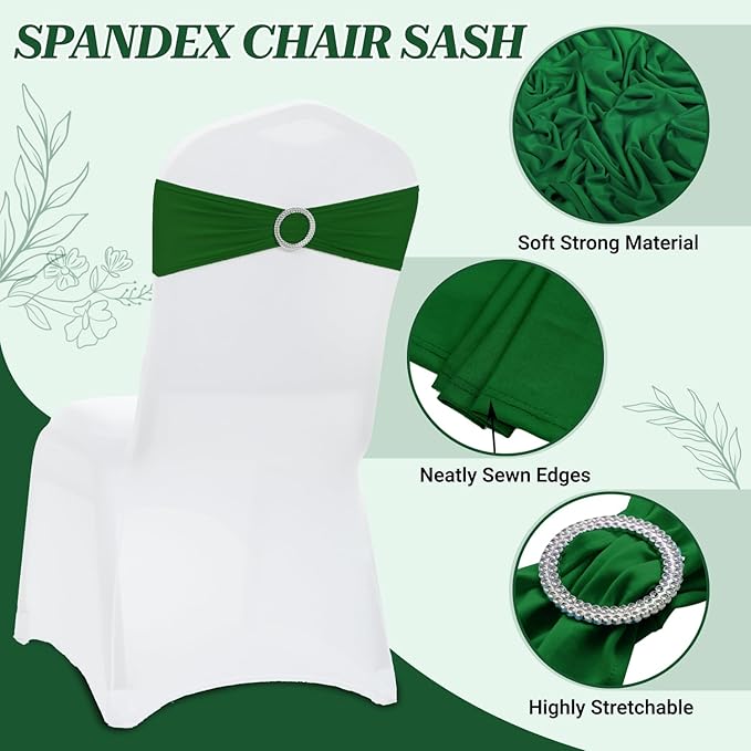 VDS - Green | Spandex Chair Sashes Bows | 300 PCS | Stretch Elastic Banquet Universal Folding Chair Band Tie with Silver Buckle Slider for Wedding Party Conference Celebration Event Decoration