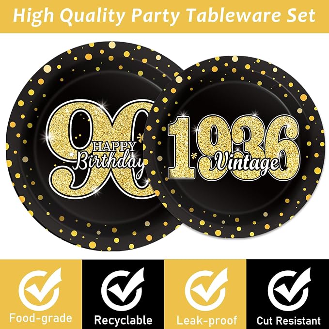 96PCS 90th Theme Birthday Party Tableware Vintage 1936 Party Supplies 90 Year Old Birthday Decorations Plates Napkins Forks Black and Gold Dinnerware Favors for Men or Women