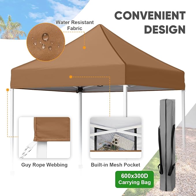 COOS BAY 5x5 Pop Up Canopy Tent, Portable Lightweight Sun Shelter with Carry Bag, Easy Setup Outdoor Canopy for Beach, Camping, Sports & Backyard Shade, Khaki