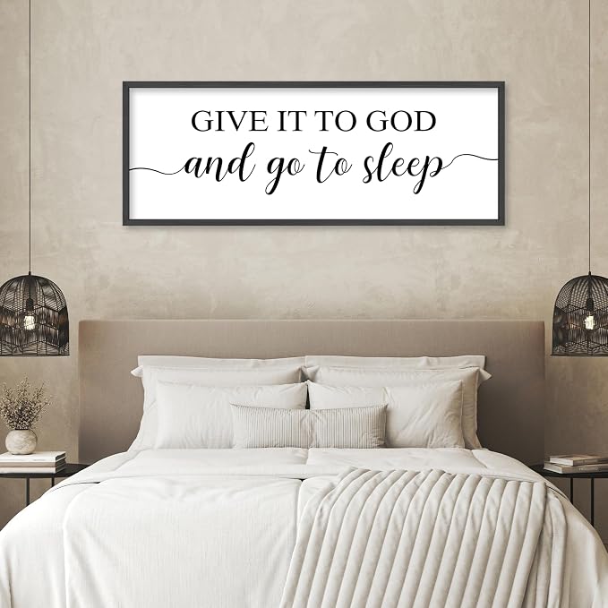Give It To God And Go To Sleep Bedroom Wall Decor Above Bed Christian Art | 40x15 Inch Large Rustic Black Wood Framed Farmhouse sign Wall Art for Master Guest Room Over Bed Plaque Ready to Hang