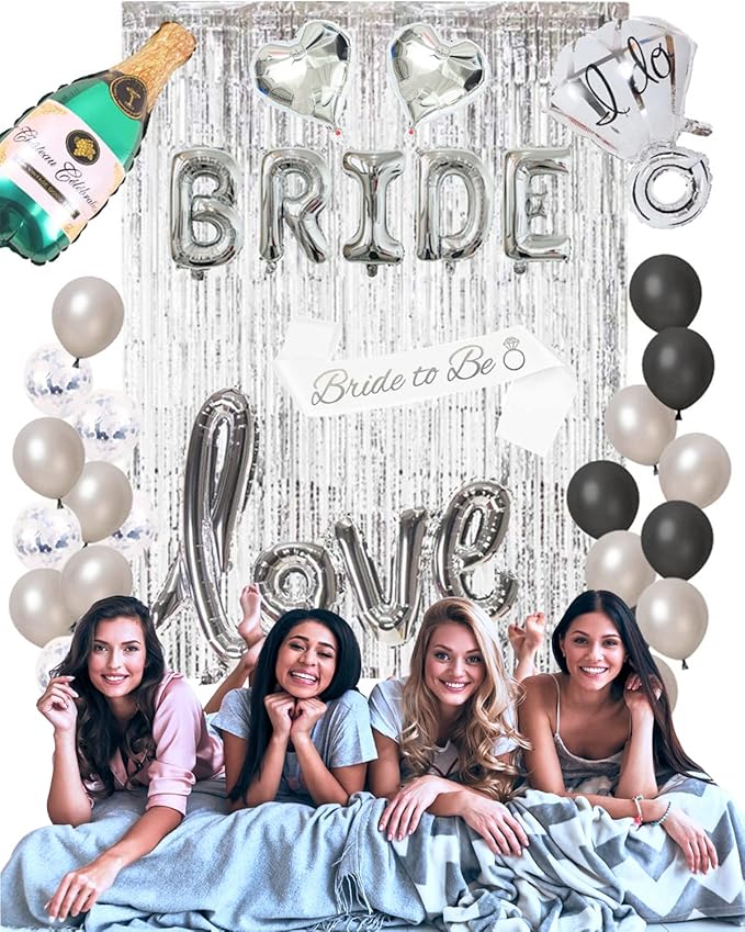 Bachelorettesy 28pc Bachelorette Party Decorations Kit for Bride to Be, Bridal Shower Decorations, Engagement Party – Balloons, Sash, Foil Backdrop Curtain (All Silver)