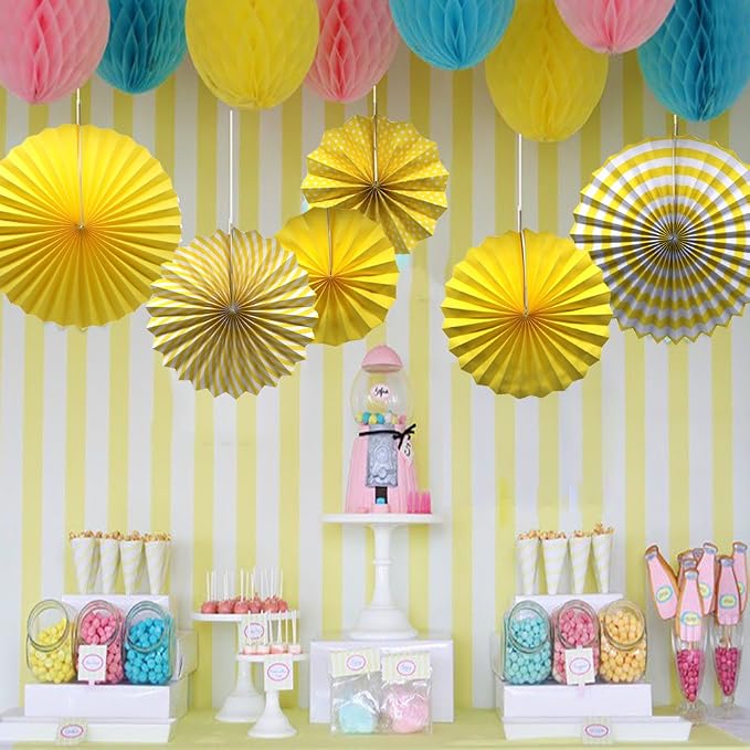 6 Pcs Yellow Paper Fans Party Decorations (16", 12", 8"), Hanging Tissue Paper Streamers for Lemonade Theme Birthday Party, Graduation, Baby Shower, Reusable Fiesta Wall Decor & Photo Backdrop
