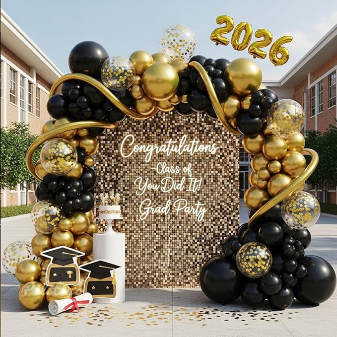 Black and Gold Balloon Arch Kit - 114 Pcs Black and Gold Balloons Garland with Confetti & Long Balloons for Men Birthday Graduation 2026 New Years Eve Retirement Party Decorations