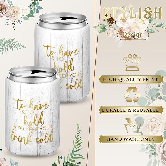 Qinyoung 50 Pieces Wood Grain Wedding Can Cooler Sleeves Bulk Engagement Party Favors for Guests Cheers to Love Laughter and Happily Ever After Rehearsal Dinner Decorations for Wedding Bridal