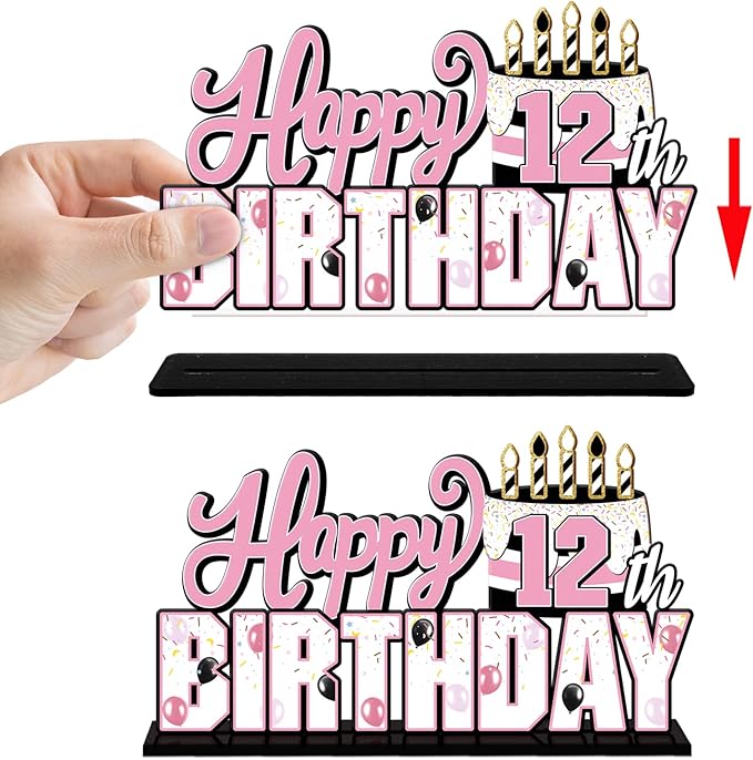 LINGTEER Happy 12th Birthday Pink Acrylic Table Topper Centerpieces Set - Cheers to 12 Years Old Birthday Twelve Bday Party Gift Decorations.