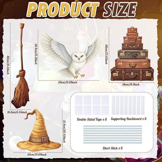 4 Pcs Magical Wizard Cardboard Cutout Standup Life Size Birthday Party Decorations Wizard Hat Owl Broom Cardboard Cutouts for Magic Theme Baby Shower Birthday Party Photo Backdrop Favors