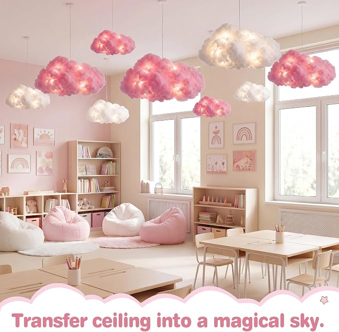 Lewtemi 8 Pcs Artificial Cloud Props with Lights 3D Fluffy Cotton Clouds Decorations 2 Sizes Hanging Clouds with Strings Hooks for Ceiling Room Wedding Party Classroom DIY Kit (White and Pink)