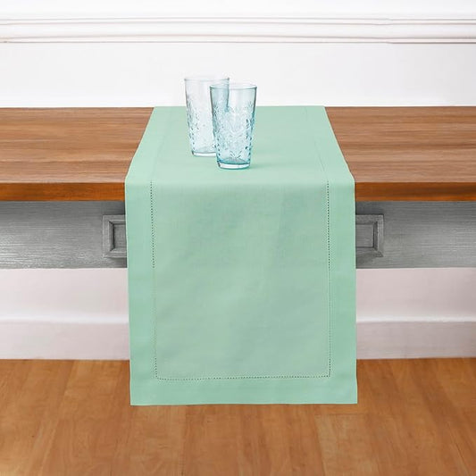 Solino Home Table Runner 108 Inches Long - Cotton Linen Hemstitch Aqua Table Runner 14 x 108 Inch for Spring, Summer, Mothers Day