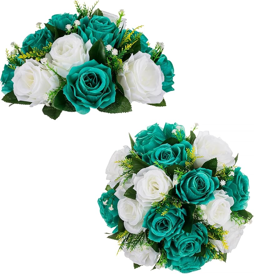 BLOSMON Teal Flowers Ball Decorations: 2 Pcs Fake Roses Table Centerpiece | Artificial Silk Kissing Bouquet Floral Arrangement for Home Party Wedding Event Decor (9.5 inch)