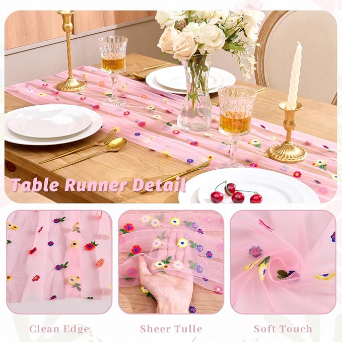 QueenDream Floral Table Runner 10FT Pink Wildflower Table Runners Linens 120 Inch Sheer Gauze Tulle Fabric for Baby Shower Home Wedding Tea Birthday Parties