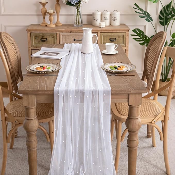 BINBE 6pcs Pearl Table Runner Spring Summer Rustic Boho 10ft Tulle Table Runner for Baby Shower Wedding Veil Holiday Dessert Table Decor Lvory