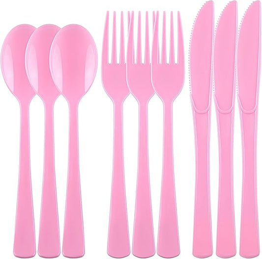 Kochorie 300 Pieces Graduation Light Pink Plastic Silverware Heavy Duty Plastic Cutlery Set Heavyweight Disposable Flatware Includes Spoons Forks Knives for Birthday Party Prom Night Wedding Dinner