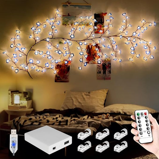 FNHMSL Cherry Enchanted Willow Vine Lights, 7.55FT 144LED Blue Cherry Blossom Tree Branch Lights for Wall, Remote Timer,8 Light Model,Bedroom Wall Doors Wedding, Christmas, USB Battery Box