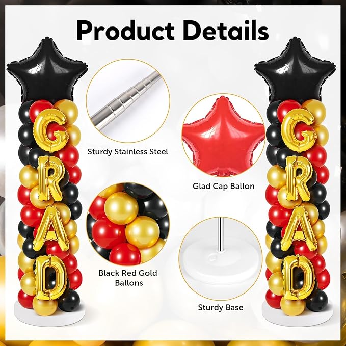 2 Sets Graduation Balloon Column Stand Kit with Balloons Prom Send off 2026 Grad Prom Themed Decor Black Red Balloon Tower Stand for Floor Grad School & College Celebration Party Supplies