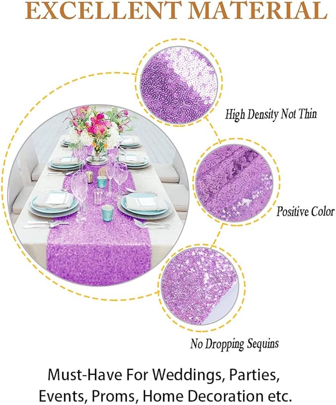 ShinyBeauty Lavender Table Runners Pack of 10 12" x 108" Sequined Table Runner- Glitter Fabric Light Purple Wedding Runner Party Supplies Shiny Table Decorations for Anniversary Birthday
