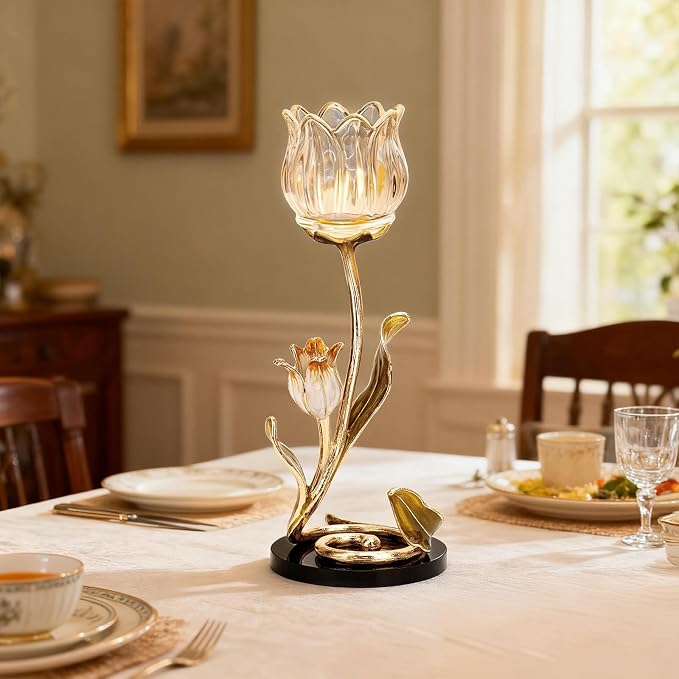 Luxury Crystal Base Glass Flower Candle Holder – Gold Plated Zinc Alloy with Enamel, Romantic Tea Light Holder, French Style Wedding Table Centerpiece, Home Decor