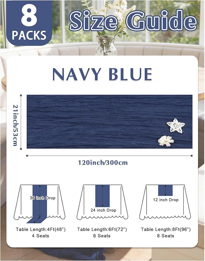 8 Pack Navy Blue Cheesecloth Table Runner 21x120 Inch Gauze Table Runners Reusable Polyester 10ft Boho Rustic Cheese Cloth Table Runner for Wedding Party Baby Shower