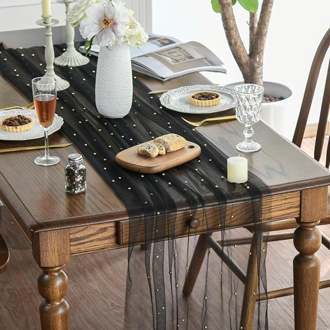 Artoid Mode 10PCS Pearl Black Gauze Table Runner 120 Inch 10FT, Seasonal Sheer Dining Holiday Wedding Birthday Baby Shower Table Decor for Home Party