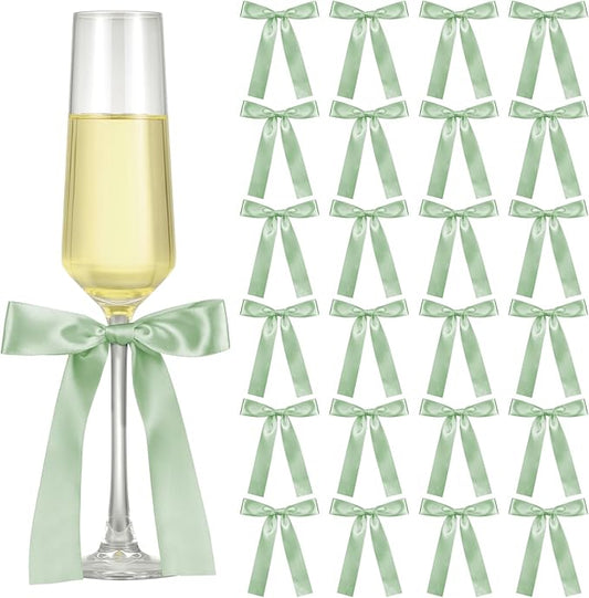 Jingmore 24 Pack Bows for Champagne Glasses Candle Holder 6.7 x 4 Inch Bow Drink Tags Wine Glass Candlestick Ribbon Self Adhesive Name Marker for Wedding Anniversary Party Gift Decor(Sage Green)