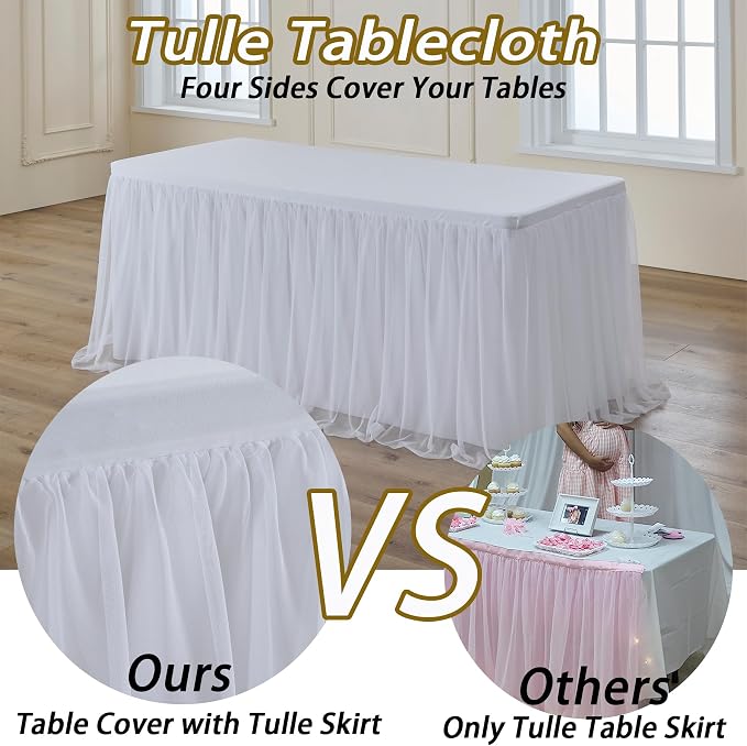leegleri 4 pk White Tulle Tablecloths for 6 Foot Rectangle Tables, Floor Length 2-in-1 Tulle Table Cover with Draped Skirt,Wrinkle Free Stretchy Fitted Table Clothes 6ft for Wedding Party Decor