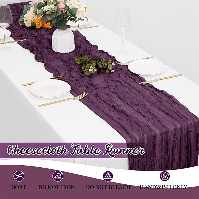 16 Pack Dark Purple Cheesecloth Table Runners 20x120 Inch Gauze Table Runner 10FT Easter Cheese Cloth Table Runner Rustic Sheer Runner for Wedding Baby Shower Birthday Party Table Decor