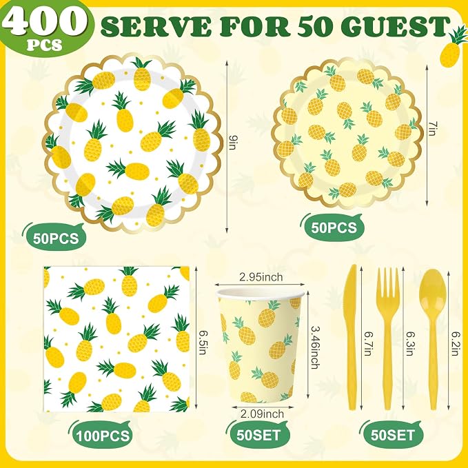 Funnymoom 400 Pcs Pineapple Party Supplies for 50 Guest Summer Fruit Disposable Plates Napkin Cup Spoon Fork Knives for Outdoor Picnic Birthday Baby Bridal Shower Holiday Party Supplies