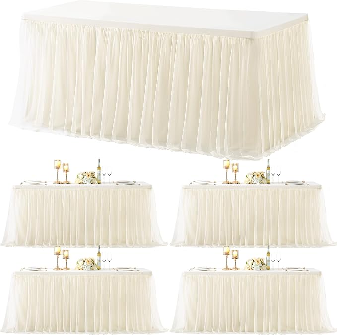 4 Pack Champagne Table Cloth for 6 Foot Rectangle Tables, Stretch Fitted Tulle Table Covers Skirt, Rectangular Ruffle Tutu Tablecloth Wedding Banquet Baby Shower Cake Tablecloths Decorations