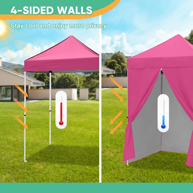 5x5 Pop Up Canopy Tent with Four Sidewalls, Instant Portable Beach Canopy, Outdoor Tent with Carry Bag for Camping, Sports, Tailgating, Events, Pink