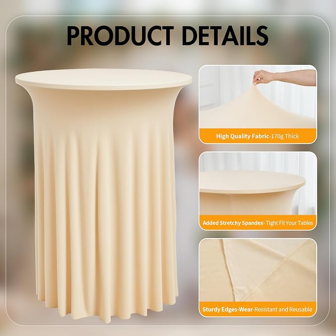 4 pk Champagne Cocktail Table Cloth Round 36×43in-High Top Highboy Bar Cocktail Tablecloths-Wrinkle Free Stretchy Fitted Spandex Table Covers with Ruffle Desk Skirt for Wedding Banquet Party Tables