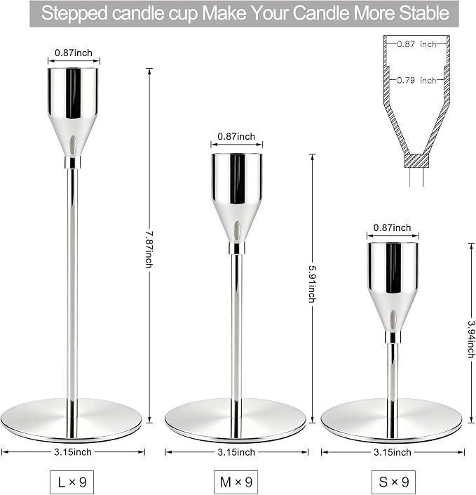 Silver Taper Candle Holders for Wedding Table Centerpiece,Tall Taper Candlestick Holders Bulk Set of 27,Metal Candle Stick Holders for Dinning or Mantel Centerpiece,Party Home Decor