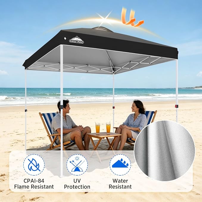 EAGLE PEAK Pop Up Canopy Tent with Wheeled Carry Bag, 8 Stakes, 4 Ropes, Easy Set Up Tent Canopy, 8x8 ft, Black