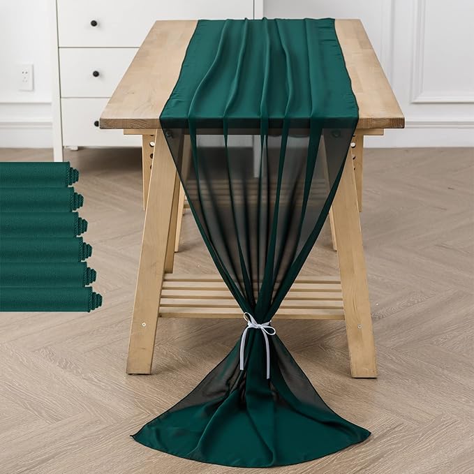 6Pack 9ft Christmas Chiffon Table Runner 14x108 Inch Sheer Romantic Table Runner for Wedding Birthday Party Bridal Shower Outdoor Decoration-Hunter