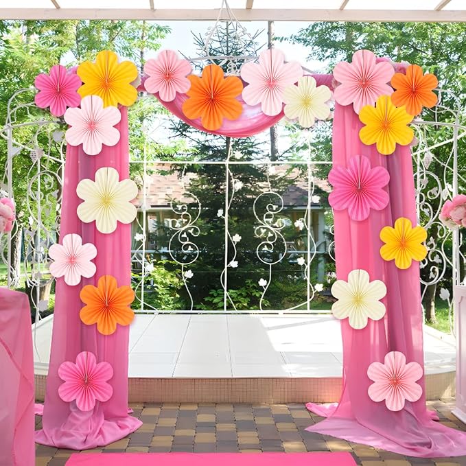 DODOKIM Paper Fans Party Decorations Paper Flowers Decorations for Wall Floral Backdrop Classroom Baby Shower Birthday Party Flower Wall Decor Pack of 18 Pink Orange Yellow