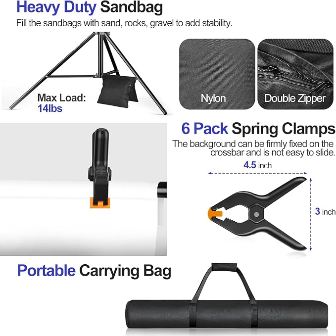 EMART 10x8.5FT Backdrop Stand, Photo Video Studio Adjustable&Lockable Heavy Duty Background Support System Kit with 6 Backdrop Clamps, 2 Sandbag and Carry Bag for Photography, Parties, Wedding, Video