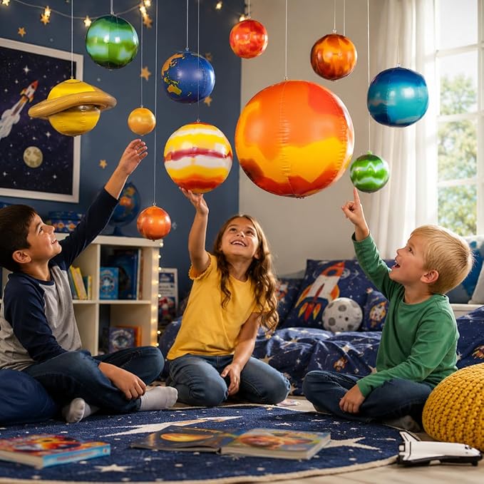 Fun Express Inflatable Solar System Model Kit - 10 Piece Educational Space Toys Set with Planets & Sun for Kids | Perfect for Science Classroom Decor, Space Themed Party Decorations & Bedroom Display