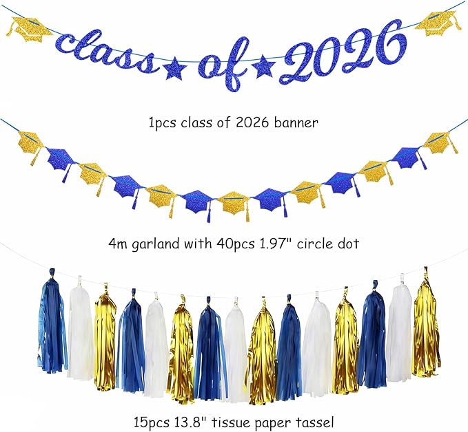 Navy-Blue White Gold Graduation Party-Decorations Garland - 31pcs Congrats Grad Class 2026 Banner,Hat Hanging Streamers,College High School Congratulations Masters Classroom Backdrop Decor Burgleda