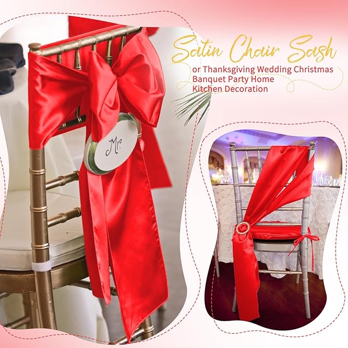 120 PCS Red Satin Chair Sashes, Ties Bows Designed Chairs Decorative, Chair Cover Sashes for Thanksgiving Wedding Christmas Banquet Party Home Kitchen Decoration (7 x 108 inch)