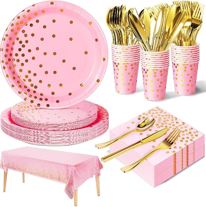 Nkaiso 141 Pieces Pink and Gold Party Supplies, Disposable Party Decorations Sets Include Paper Plates Napkins Cups, Plastic Forks Knives Spoons, for Baby Shower Birthday Wedding -20 Guests