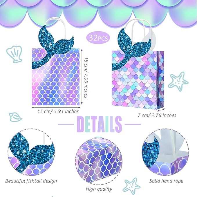 Leinuosen 32 Pcs Mermaid Party Favor Bags Mermaid Gift paper Bags with Handles Princess Theme Birthday Decoration Treat Candy wrap packs for Baby Shower Birthday Pool Party Supplies