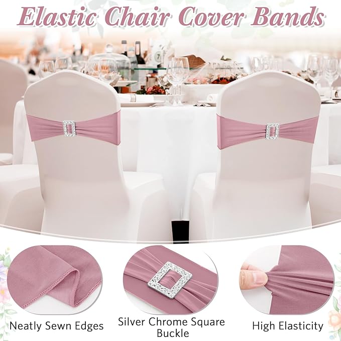VitalCozy 100 Pcs Spandex Chair Sashes with Square Buckle Slider Stretch Chair Cover Band Universal Elastic Ties Straps Bows for Wedding Banquet Event Party Decoration(Dusty Pink)