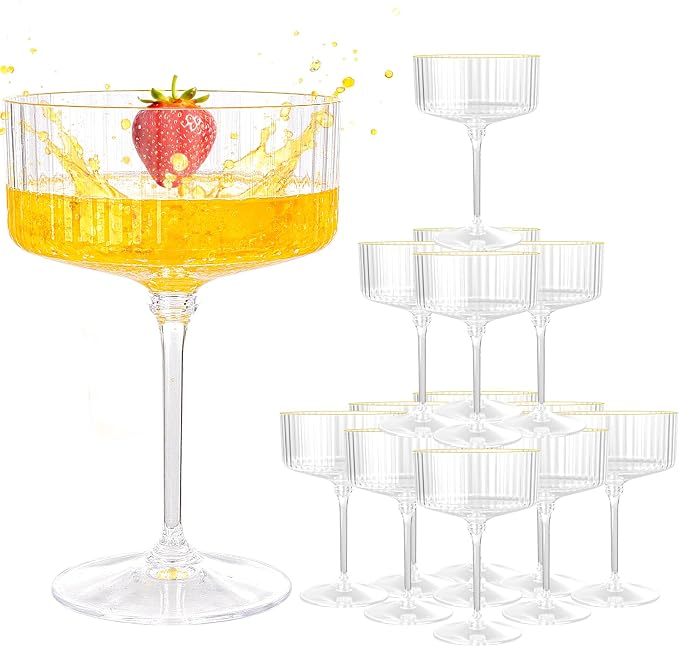 LIYH 20 Pcs Plastic Martini Glasses 10 Oz Disposable Martini Glasses Cocktail Coupe Plastic Champagne Tower Disposable Wine Cups Perfect for Bar Cocktails Parties Birthday - Gold Edge
