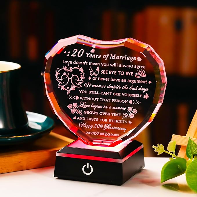 Arikyrist 20th Wedding Anniversary Crystal Heart Gifts for Couples, Laser Engraved Romantic 20 Year Anniversary Crystal Keepsake Gifts for Wife Husband, 20 Years of Marriage Gift for Her Him Friends
